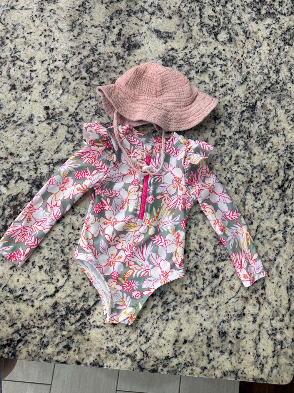 Baby Girl- Floral Rash Guard Swimsuit & Pink Hat